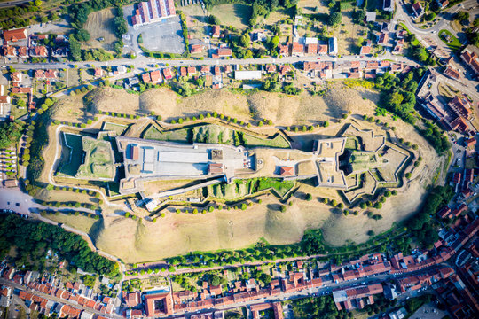Star shaped bastions and outworks of Citadelle de Bitche, medieval fortress and stronghold near German border in Moselle department, France. The citadel noted for resistance in Franco-Prussian War