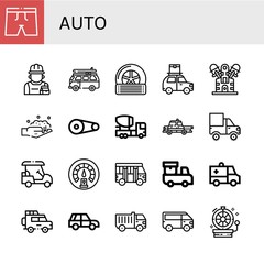 Set of auto icons such as Trunk, Repairman, Van, Tyre, Car, Engine, Washing, Pulley, Mixer truck, Taxi, Cargo truck, Golf cart, Dashboard, School bus, Delivery truck, Ambulance , auto