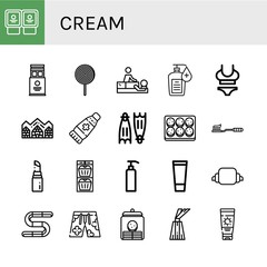 Set of cream icons such as Yogurt, Wafer, Lollipop, Massage, Hand sanitizer, Swimsuit, Hotel de glace, Ointment, Flippers, Cookie, Tooth Brush, Lipstick, Muffin, Gel, Croissant , cream