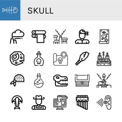 Set of skull icons such as Fishbone, Pollution, Print cylinder, Pirate, Tattoo, Fossil, Poison, Treasure map, Weapon, Pirate ship, Bandana, Skull, Treasure, Cowboy, Online robbery , skull