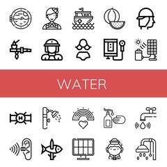 Set of water icons such as Boat porthole, Pipe, Painter, Firewoman, Rescue boat, Bikini, Watermelon, Water heater, Firefighter, Solar cell, Pollution, Shower, Fishing , water