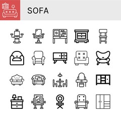 Set of sofa icons such as Living room, Chair, Dressing table, Closet, Armchair, Furniture, Sofa, Dining table, Bedside table, Drawing , sofa