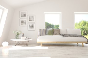 Fototapeta na wymiar Stylish room in white color with sofa. Scandinavian interior design. 3D illustration