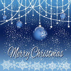 Illustration of Merry christmas card garland, Christmas balls, white snowflakes, snow, blue background