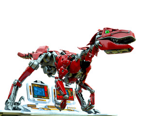 Fototapeta na wymiar velociraptor robot iis on the computer console bottom view