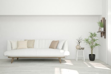 Obraz na płótnie Canvas Stylish room in white color with sofa. Scandinavian interior design. 3D illustration