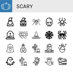Fototapeta na wymiar Set of scary icons such as Pumpkin, Executioner, Witch, Spider, Skull, Grave, Dead, Witch hat, Spider web, Poison, Widower, Haunted house, Widow, Zombie, Ghost , scary