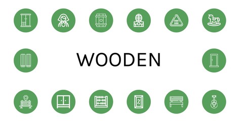 Set of wooden icons such as Wardrobe, Russian, Barrel, Kendo, Fence, Rocking horse, Bench, Abacus, Full length mirror, Acoustic guitar, Marshmallow, Door , wooden