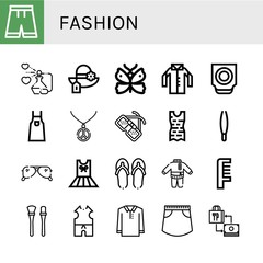 Set of fashion icons such as Short, Perfume, Pamela, Butterfly, Shirt, Trackball, Apron, Necklace, Glasses, Clothes, Tweezers, Sunglasses, Dress, Flip flops, Comb, Makeup brushes , fashion