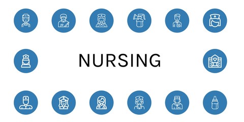 Set of nursing icons such as Nurse, Surgeon, Breast pump, Baby bottle, Hospice , nursing