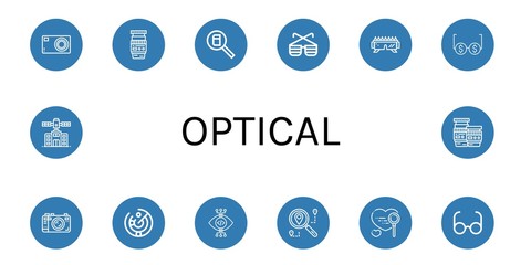 Set of optical icons such as Compact camera, Lens, Search, Sunglasses, Glasses, Camera, Radar, View, Planetarium , optical