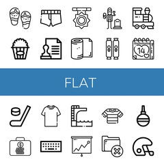 Set of flat icons such as Flip flops, Popcorn, Short, Stamp, Medal, Toilet paper, Widower, Chocolate, Train, Valentines day, Hockey, Suitcase, Tshirt, Keyboard, Trampoline , flat