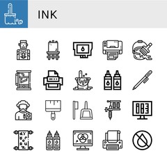 Set of ink icons such as Brush, Tattoo artist, Canvas, Ink cartridge, Multifunction printer, Paint bucket, Guillotine, Printer, Ink, Pen, Poet, Painting brush, Tattoo machine ,