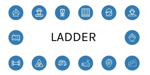 Set of ladder icons such as Firefighter, Fireman, Water tower, Swimming pool, Scaffolding, Fire sign, Fire truck, Stairs, Pool , ladder