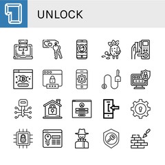 Set of unlock icons such as Key, Access, Face id, Detective, Password, Login, Lock, Brickwall , unlock