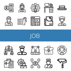 Set of job icons such as Team, Flight attendant, Firefighter, Paint roller, Leader, Description, Desk, Curriculum, Hat, Chef, Manage, Briefcase, Policeman, Management, Skill , job