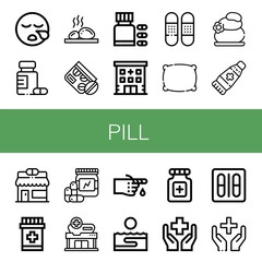 Set of pill icons such as Sleeping, Medicine, Lithotherapy, Vitamins, Hospital, Bandage, Pillow, Ointment, Pharmacy, Thalassotherapy, Pills, Health, Blister pack, Healthcare , pill