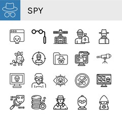 Set of spy icons such as Hacker, Binoculars, Planetarium, Thief, Detective, Online robbery, Telescope, Security agent, Spyware, Cyber attack , spy