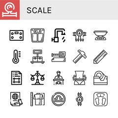 Set of scale icons such as Water meter, Bathroom scale, Hot water, Gauge, Scale, Thermometer, Measure tape, Ruler, Artboard, Eyewitness, Hula hoop, Tape, Justice, Measure ,