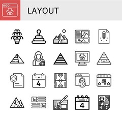 Set of layout icons such as Webpage, Kentia, Pyramid, Pyramids, Layout, Page, Makeup artist, th of july, Soccer field, Website design, Leaflet , layout