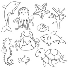 set of patterns with sea animals, cartoon style drawing in black and white