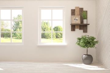 Stylish empty room in white color with summer landscape in window. Scandinavian interior design. 3D illustration