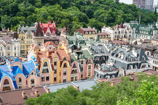 Kiev city. Old town, Vozdvizhenska and Honcharna street. Capital of Ukraine, Kyiv.