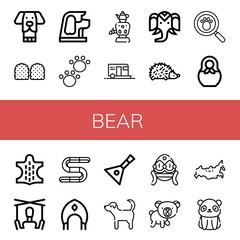 Set of bear icons such as Dog, Gummy, Animal, Samovar, Camping, Wild life, Hedgehog, Paw print, Matryoshka, Puppet, Kokoshnik, Balalaika, Faberge, Bear, Russia, Panda bear ,