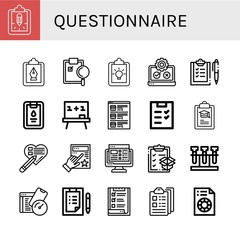 Set of questionnaire icons such as Clipboard, Testing, Checklist, Board, List, Evaluation, Task list, Test, Printing test , questionnaire