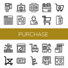 Set of purchase icons such as Pos, Price list, Online shopping, Online payment, Salesman, Credit card, Shopping cart, Bonus, Trolley, Ticket, Cart, Receipt, Packing list , purchase