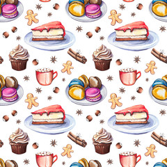 Seamless pattern with colorful macaroons, cheesecakes, cupcakes, coffee cups and gingerbread cookies. Watercolor isolated on white background.