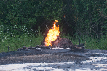 Mud volcano Starunya emits flames