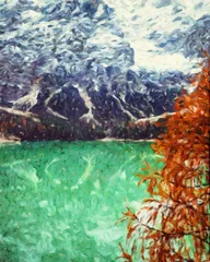 Digitales Ölgemälde mit Blick auf die Berge mit echtem Pinselstricheffekt. Zeitgenössischer Impressionismus-Wandkunstdruck im gemischten Stil. Kraft der Naturszene. Urlaubspostkarten und Drucke entwerfen. Beauty-Kunstwerk. © Halina
