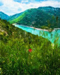 Digitales Ölgemälde mit Blick auf die Berge mit echtem Pinselstricheffekt. Zeitgenössischer Impressionismus-Wandkunstdruck im gemischten Stil. Kraft der Naturszene. Urlaubspostkarten und Drucke entwerfen. Beauty-Kunstwerk. © Halina