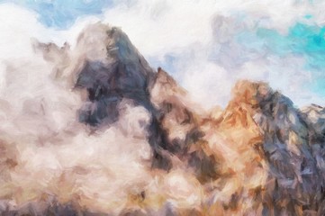 Digital mountains view oil painting with real brush strokes effect. Contemporary impressionism mixed style wall art print. Power of nature scene. Vacation postcards and prints design. Beauty artwork.