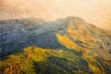 Digital mountains view oil painting with real brush strokes effect. Contemporary impressionism mixed style wall art print. Power of nature scene. Vacation postcards and prints design. Beauty artwork. © Halina