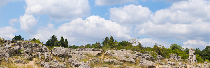 Planted stones, also known as The Stone Desert. Landforms of Varna Province. Rock formations of Bulgaria. Stone forest.