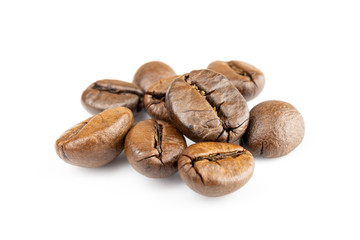 Roasted coffee beans for espresso, cappuccino on white background.