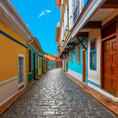 Cityscape of the most beautiful street of Guayaquil city with colorful colonial architecture and...