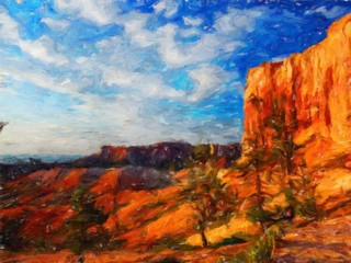 Digital mountains view oil painting with real brush strokes effect. Contemporary impressionism mixed style wall art print. Power of nature scene. Vacation postcards and prints design. Beauty artwork.