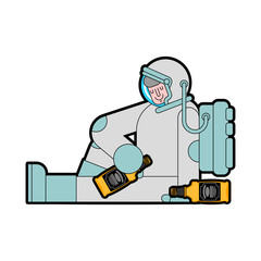 Astronaut drunk Alcohol. Spaceman and bottle whiskey. vector illustration