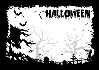Halloween  illustration with zombies, evil tree, spider and bats