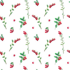 Watercolor seamless pattern with cranberries, leaves and brunches.