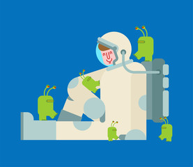 Astronaut and little green aliens. vector illustration