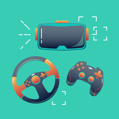 console eSports set on the background of VR glasses, gamepad and wheel, vector flat concept