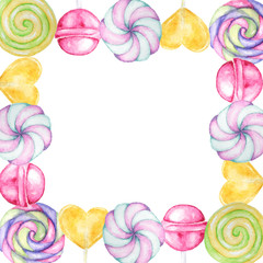 Lollipops bright colors on white background. Watercolor hand drawn candies illustration for menu design, cards, poster, baner, invitations. Bright colors candy set.