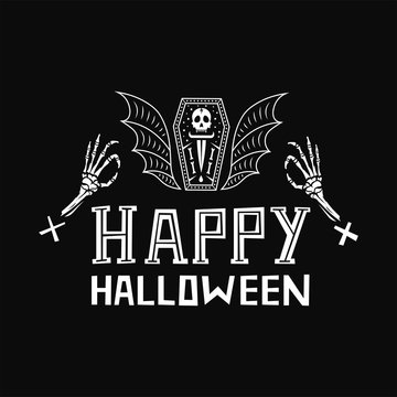 Happy Halloween hand drawn vector lettering phrase with Skull coffin vampire and bat. Black background.
