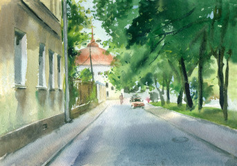 Watercolor painting. Summer old street in small town. - 289593490
