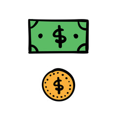 Dollar bill and coin doodles. Hand drawn cash money symbols.