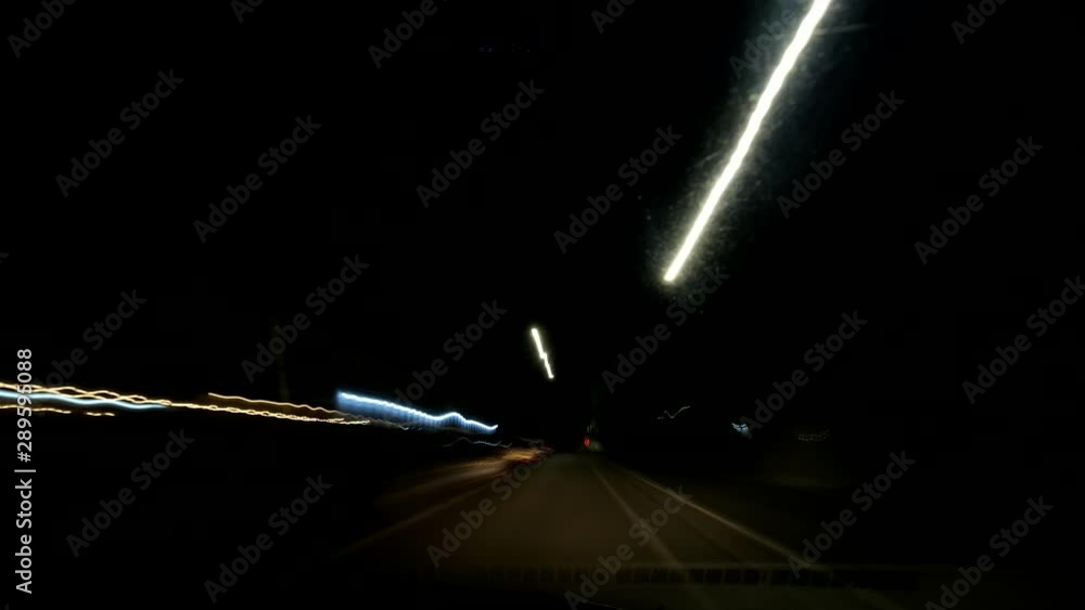 Poster fast driving streak of dynamic abstract timelapse lights from traffic driving in darkness.